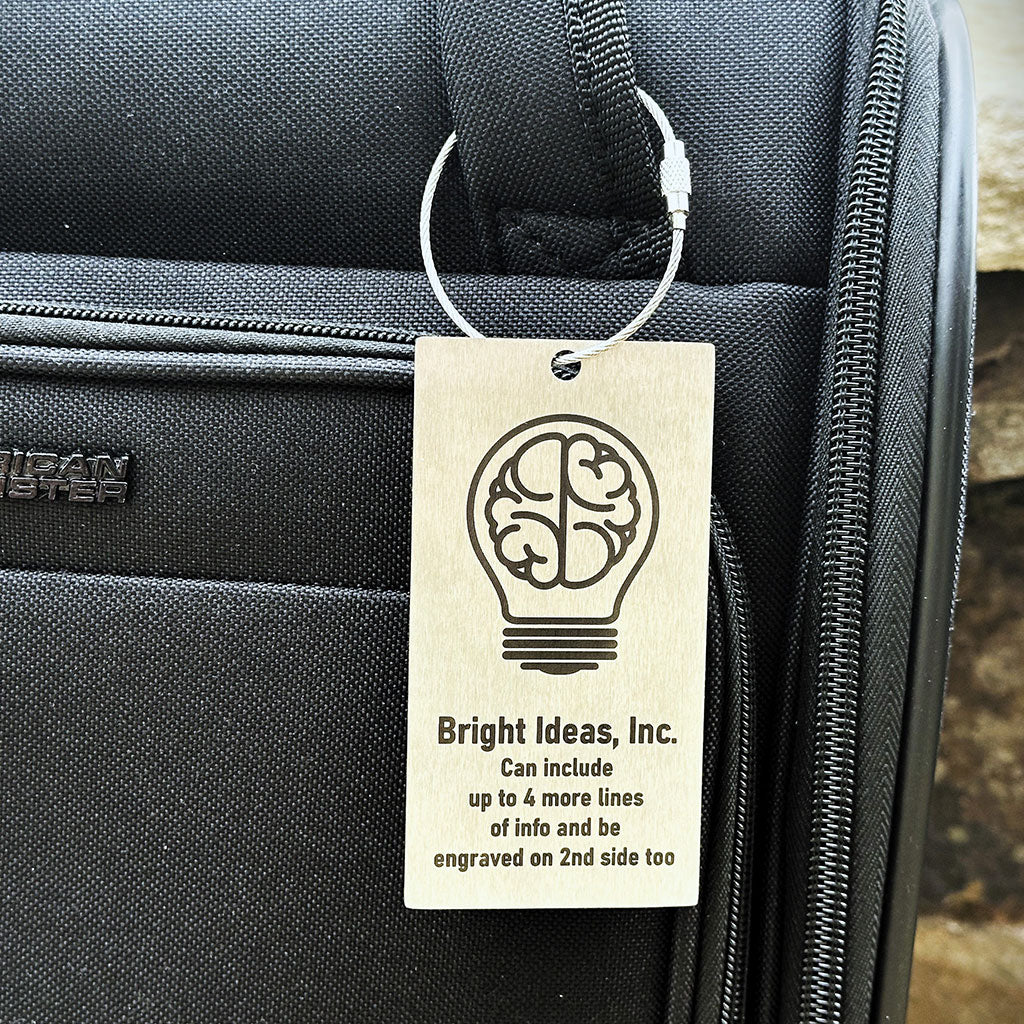 Example of custom logo on brushed stainless steel luggage tag