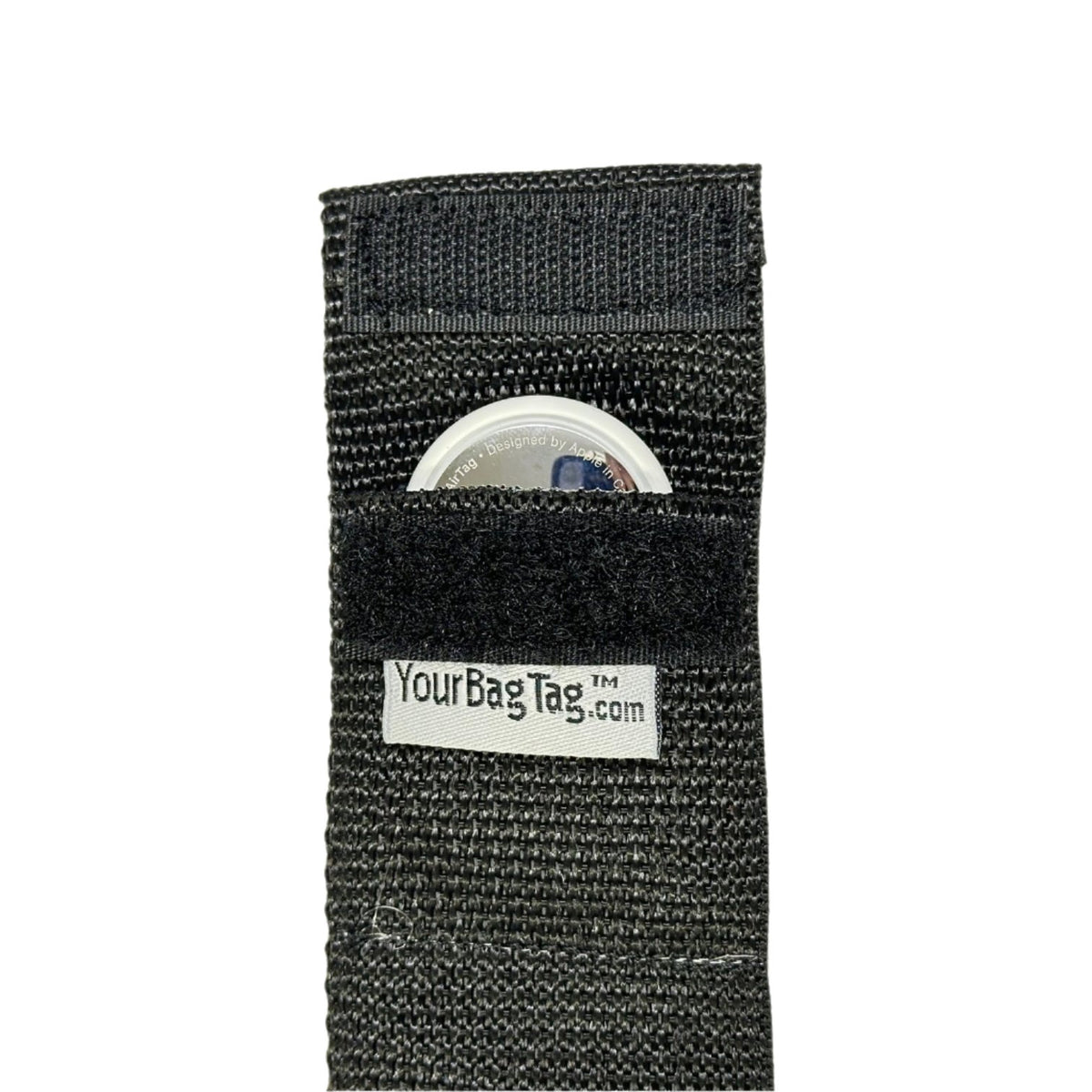 shows luggage tag with internal pocket for airtag