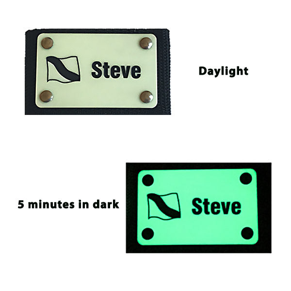Glow in the dark Scuba BCD tag showing daylight - in dark