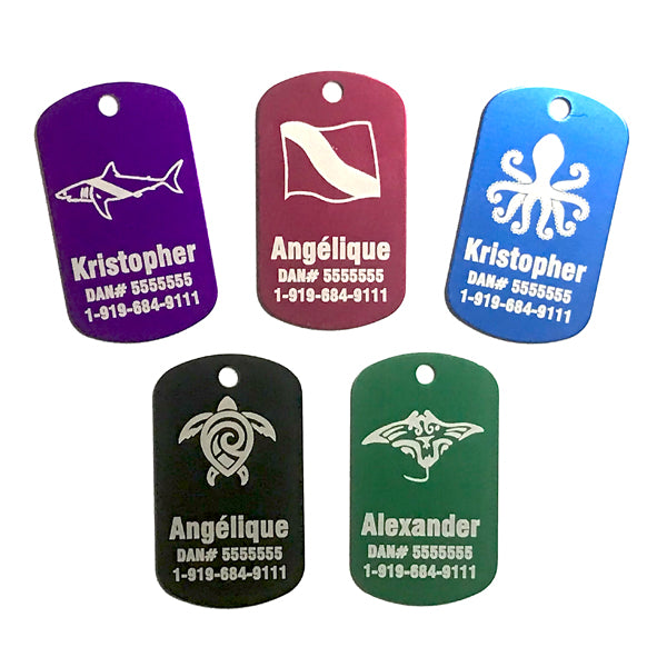 Aluminum Dog Tags Engraved Scuba Red Blue Green Black Purple