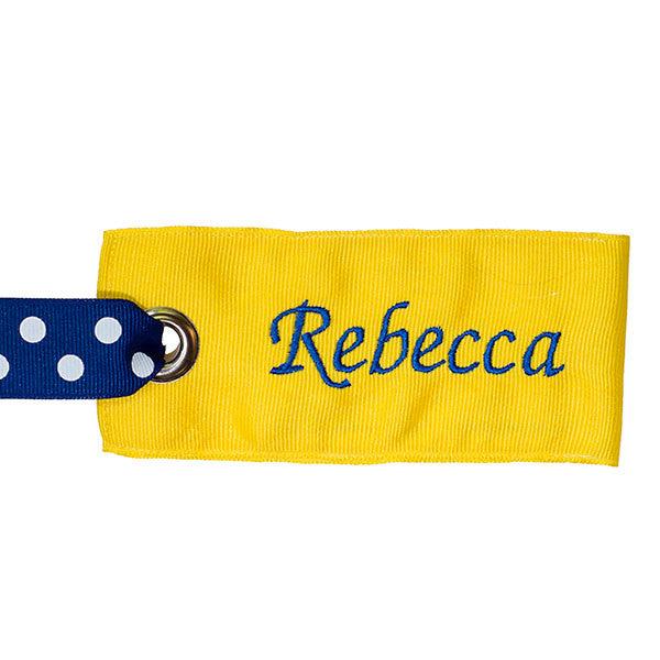 Custom yellow fabric luggage tag with blue text