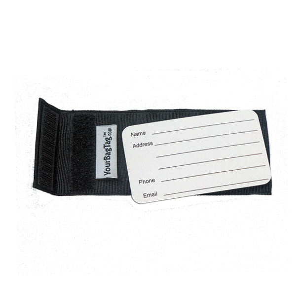 back of black luggage tag with address card insert