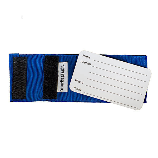 Back of custom blue luggage tag from YourBagTag