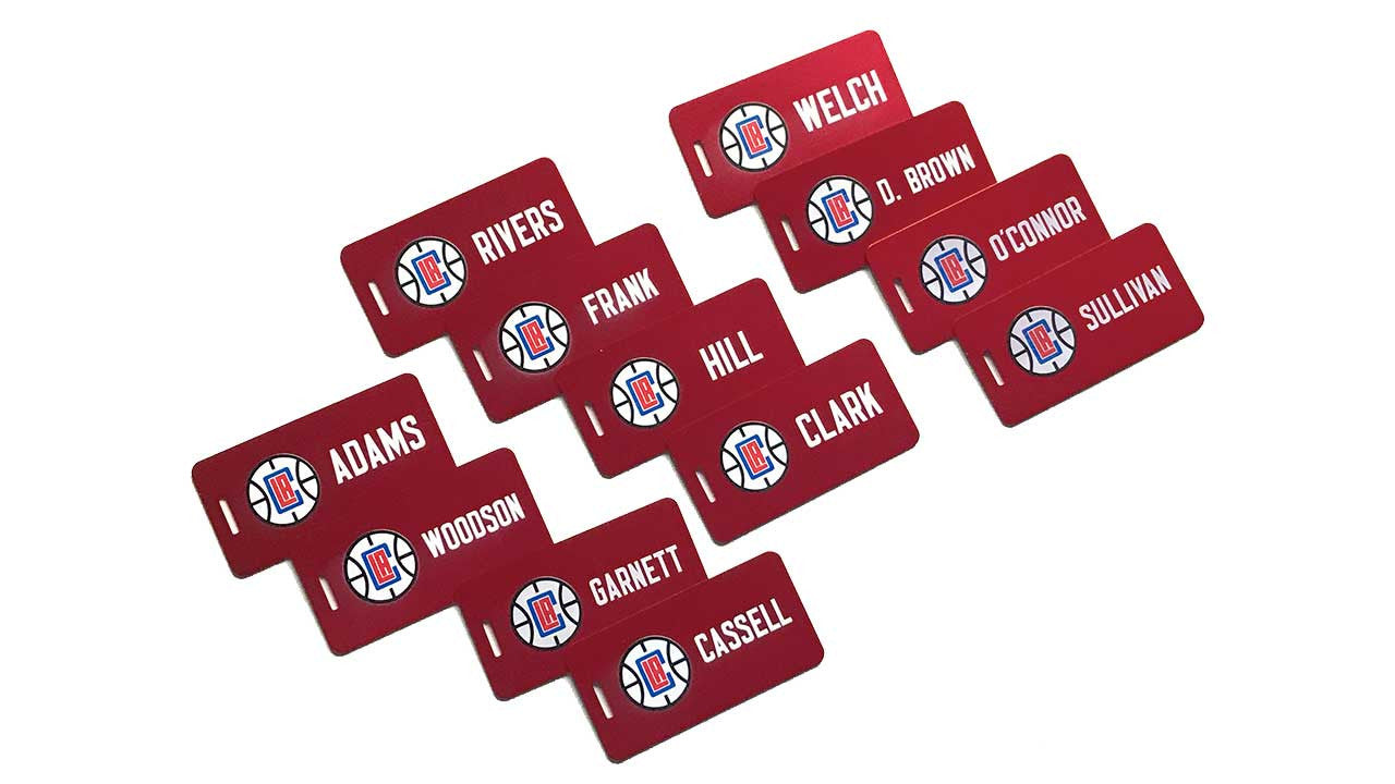 Custom Red Aluminum Bag Tags for the NBA LA Clippers Basketball Team