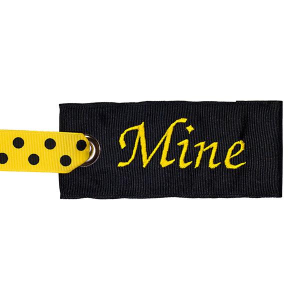 Personalized black fabric luggage tag - yellow letters