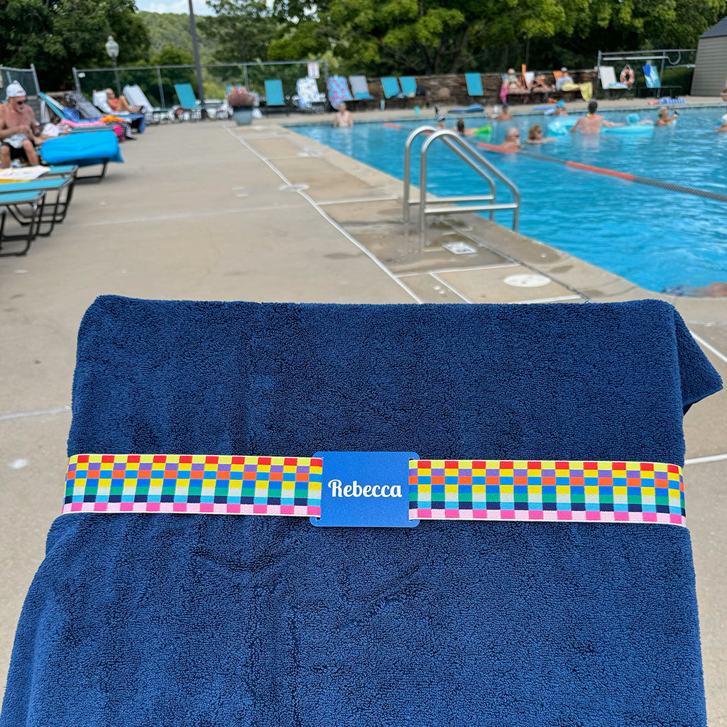 Personalized towel band for pool or beach chair