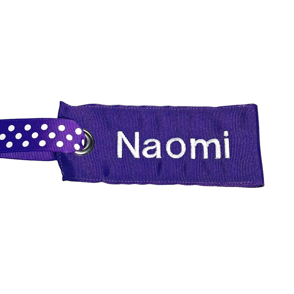 purple bag tag - purple -white polka dot handle