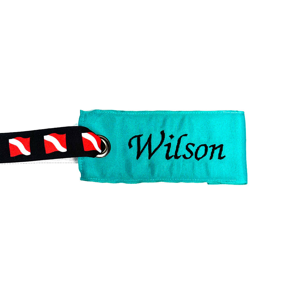Custom teal fabric luggage tag - scuba flag handle