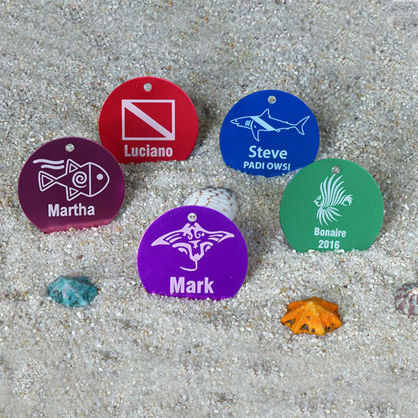 2 inch round aluminum scuba ID tags in 5 colors