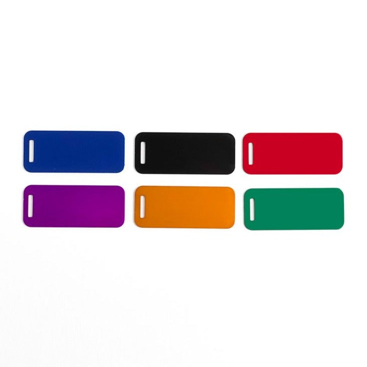 Aluminum luggage tag colors blue black red purple orange green