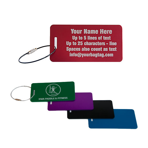 Custom aluminum metal luggage tags shown in multi colors