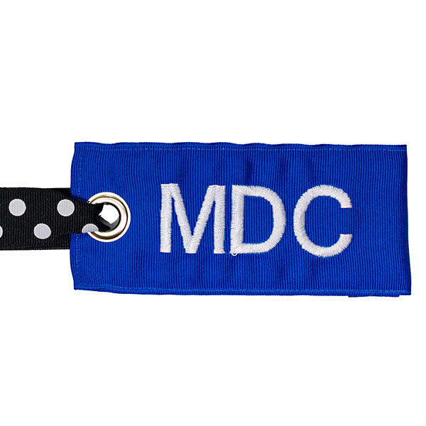 Blue Personalized bag tag with black-white dot handle