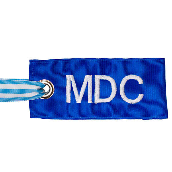 Blue Personalized bag tag with light blue-white attachment