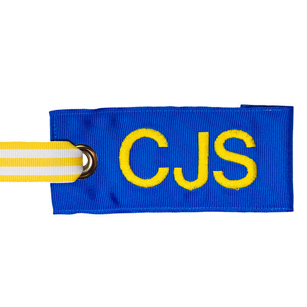 Blue Personalized bag tag with yellow-white stripe handle