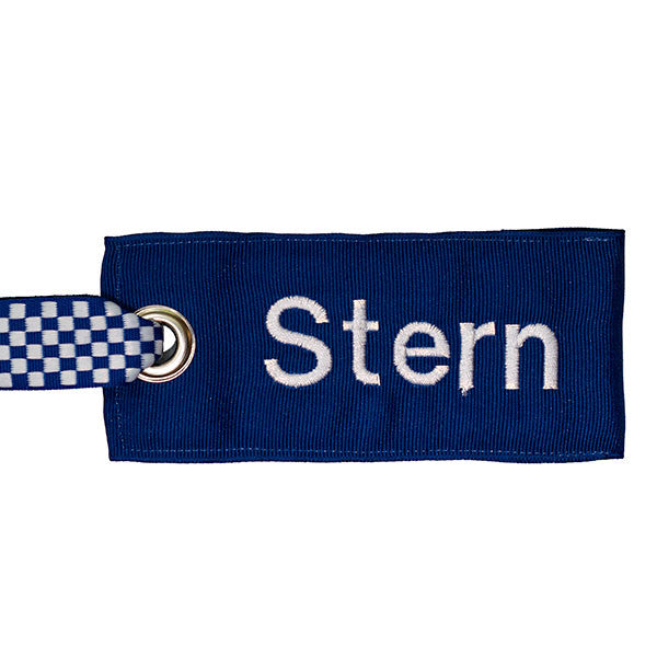 Custom blue luggage tag with white text from YourBagTag