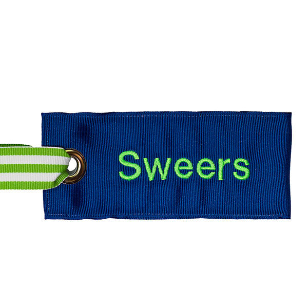 Custom blue luggage tag with lime green text from YourBagTag