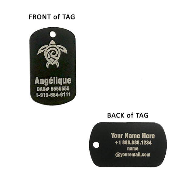 Black Dog Tag Scuba ID Front - Back Description of text layout