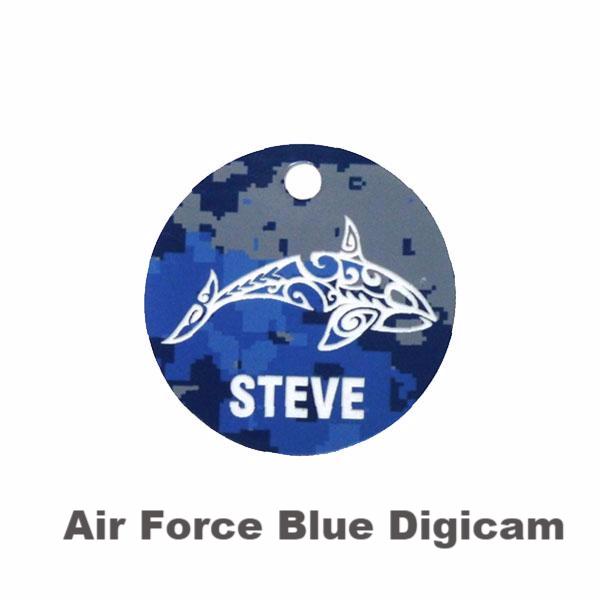 Camo-blue scuba equipment tag with tribal orca engraving