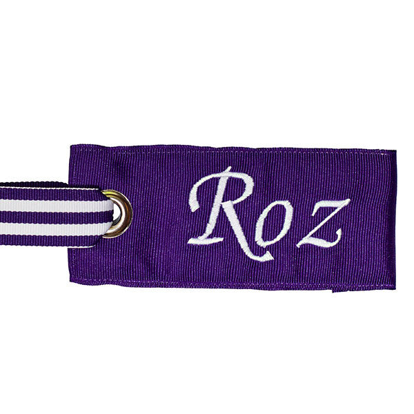 Dark Purple - White Stripe Bag Tag with Script Lettering
