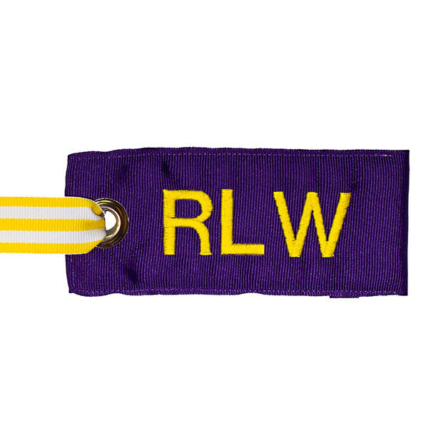 Dark Purple Fabric Bag Tag with yellow lettering