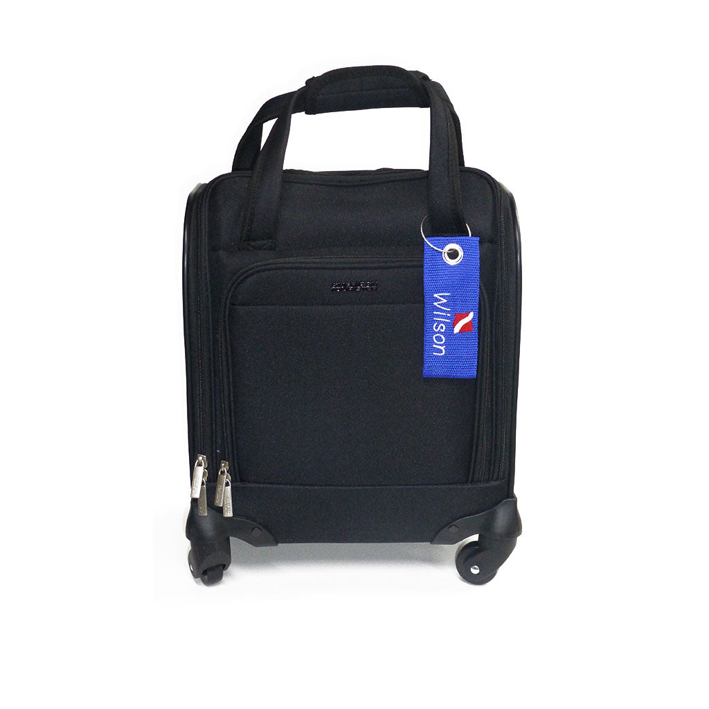 Blue Luggage Tag with Scuba Flag on Suitcase
