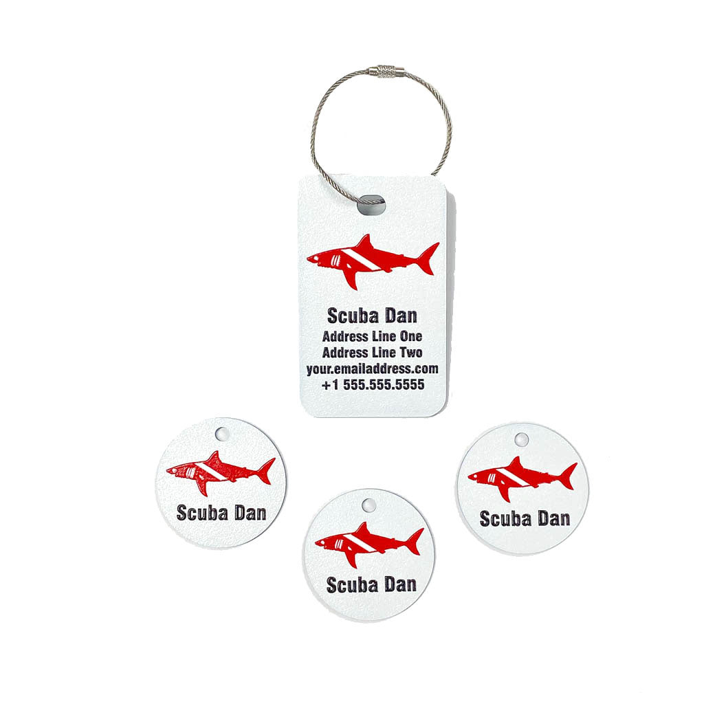 Full color scuba equipment tag combo pack dive shark graphic