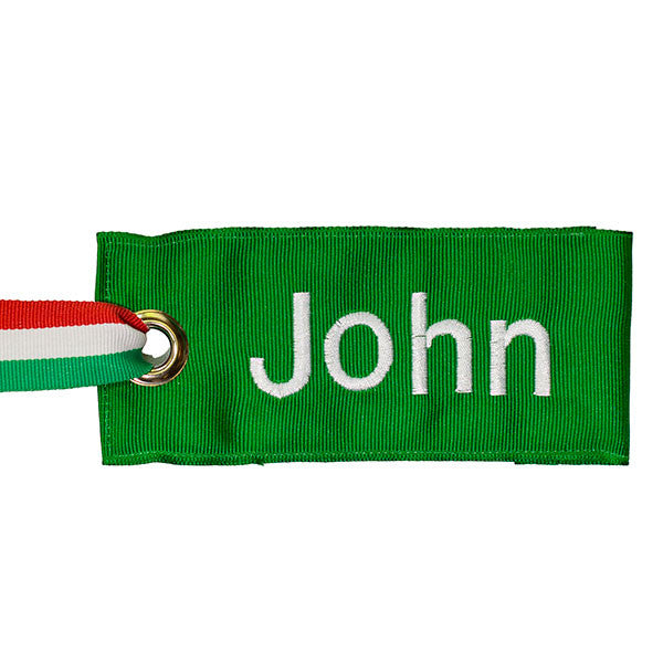 custom green luggage tag with white text from YourBagTag