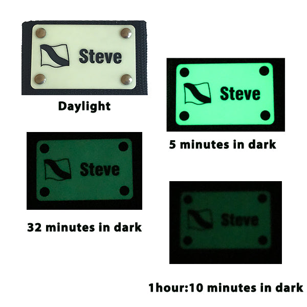 stages of scuba bcd tag glow in the dark brightness decay