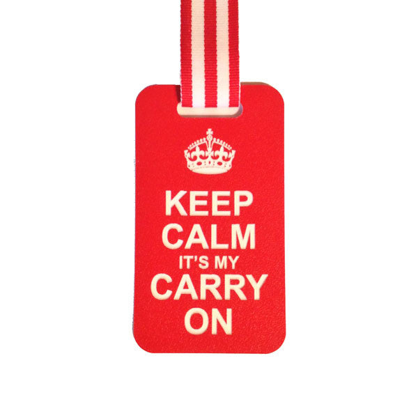 red luggage tag with Keep Calm Carry On Quote