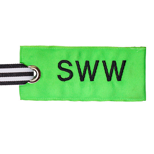 Neon Green with black text fabric luggage tag