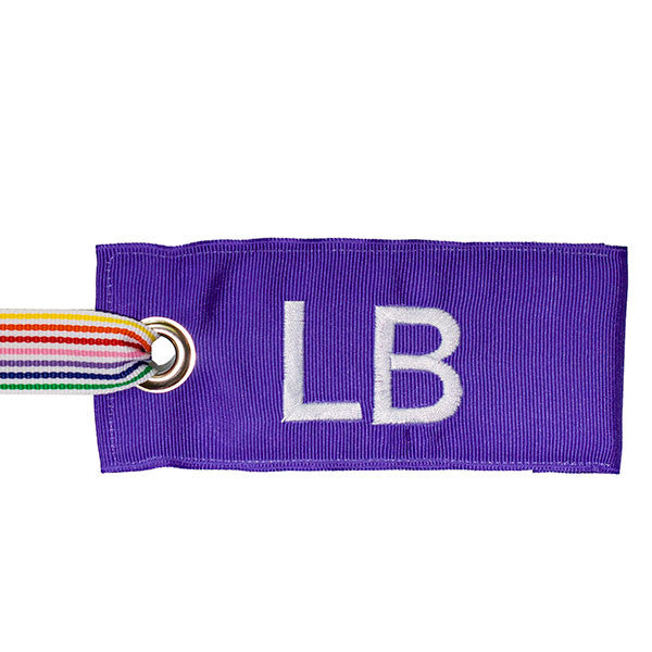 Light purple bag tag with rainbow stripe handle from YourBagTag