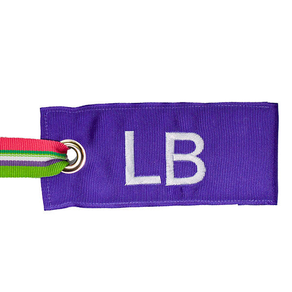 Light purple luggage tag with spring stripe attachment.