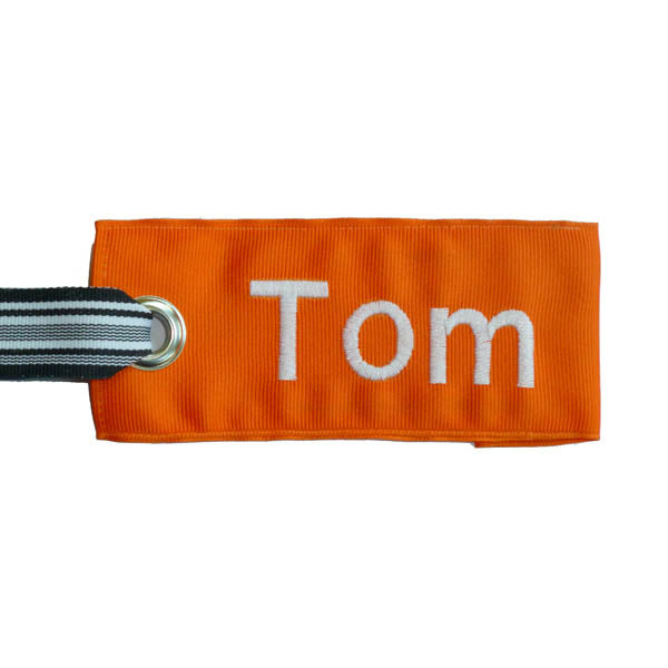 Orange fabric luggage tag tuxedo stripe ribbon handle 