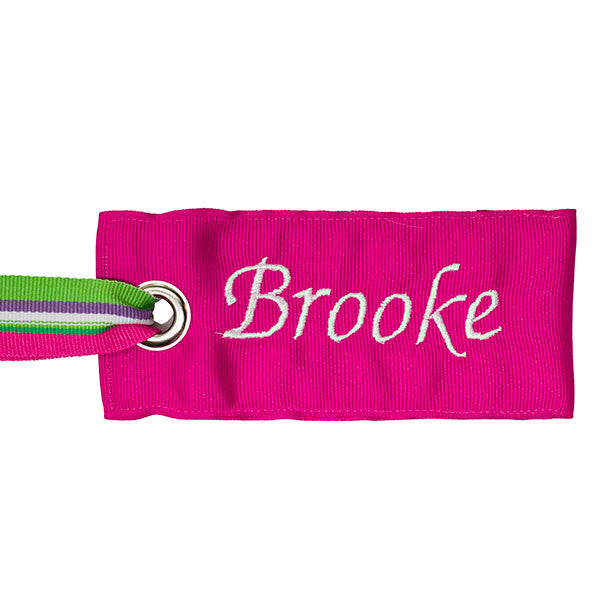 personalized pink luggage tag with fabric handle