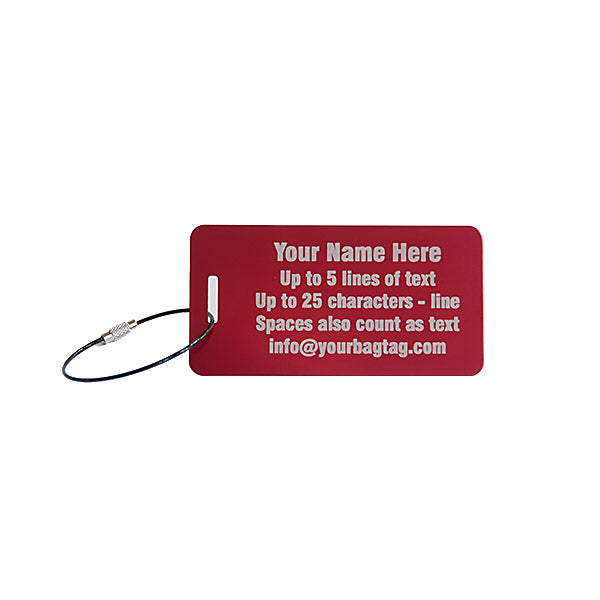 Custom aluminum metal luggage tags shown in red with engraving
