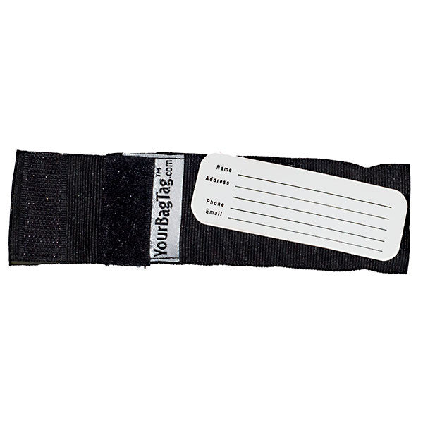 Back view of black mini luggage tag with address card