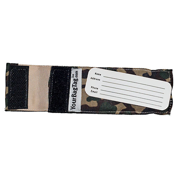 Back of mini camo luggage tag with address card insert
