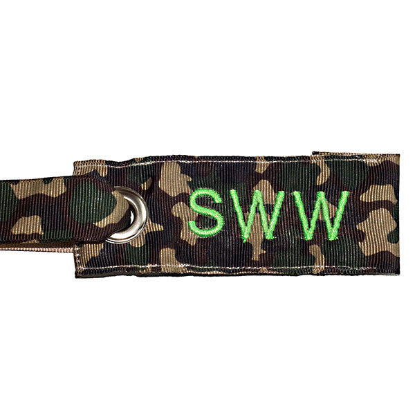Mini Camo luggage tag with custom green text-YourBagTag