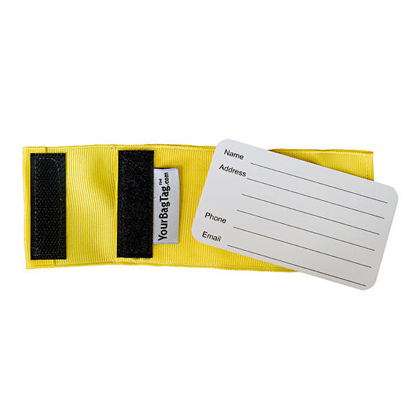 back of custom yellow luggage tag showing insert card